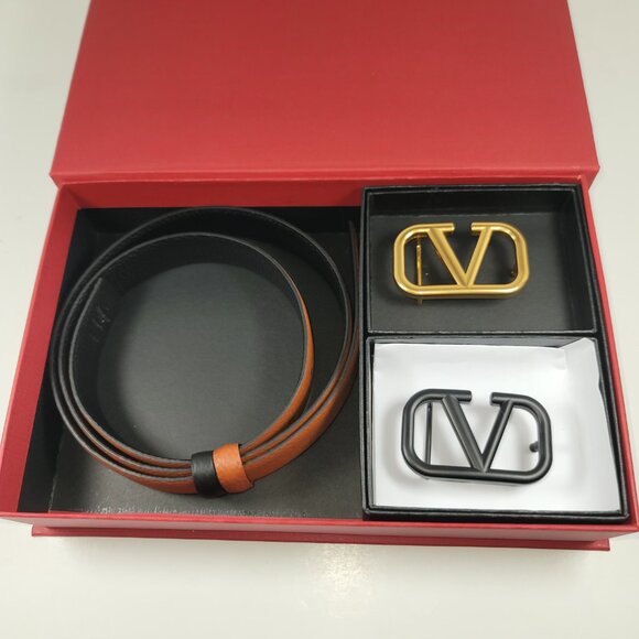 Valentino Garavani V- Logo Two Buckle Reversible Leather Belt - Gift Box…